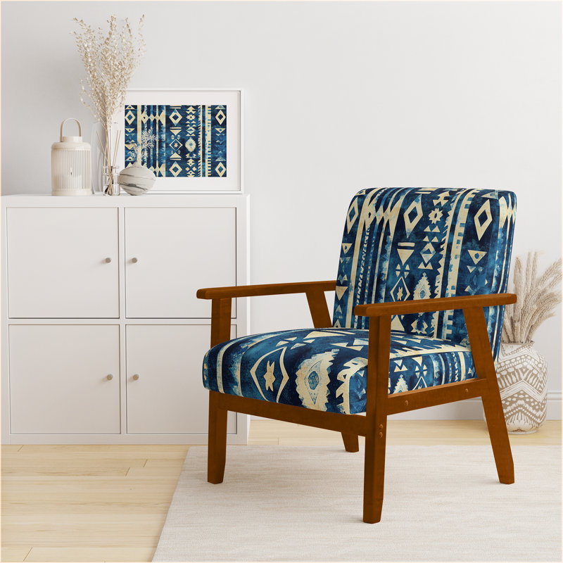 Chaise rembourrée Tribal - Chaise avec accoudoirs à motif tribal Indigo, Accoudoirs carrés bruns