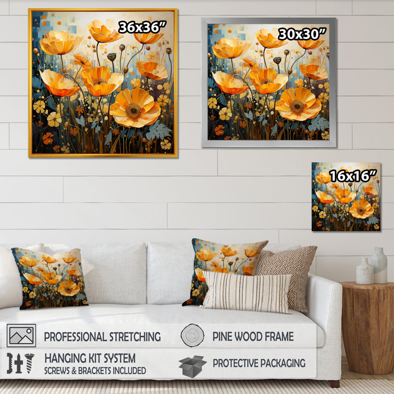 «Yellow Vivid Poppy Moments I», reproduction sur toile, Cadre flottant blanc, H 16 po x l 16 po x P 1 po