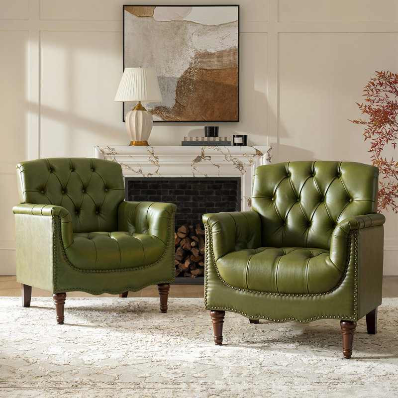 Orme 32" W Tufted Genuine Leather Armchair, Olive