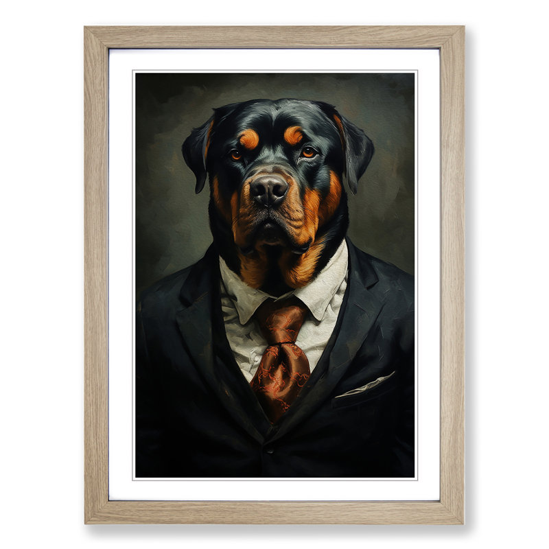 Rottweiler In A Suit No.3 - Single Picture Frame Print on Wood, 46cm H x 34cm W x 2cm D, Oak 