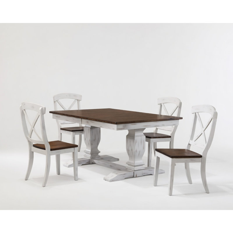 Ensemble de salle à manger extensible en bois massif et brun patiné avec rallonge de 18 po Claudell, Blanc, Brown