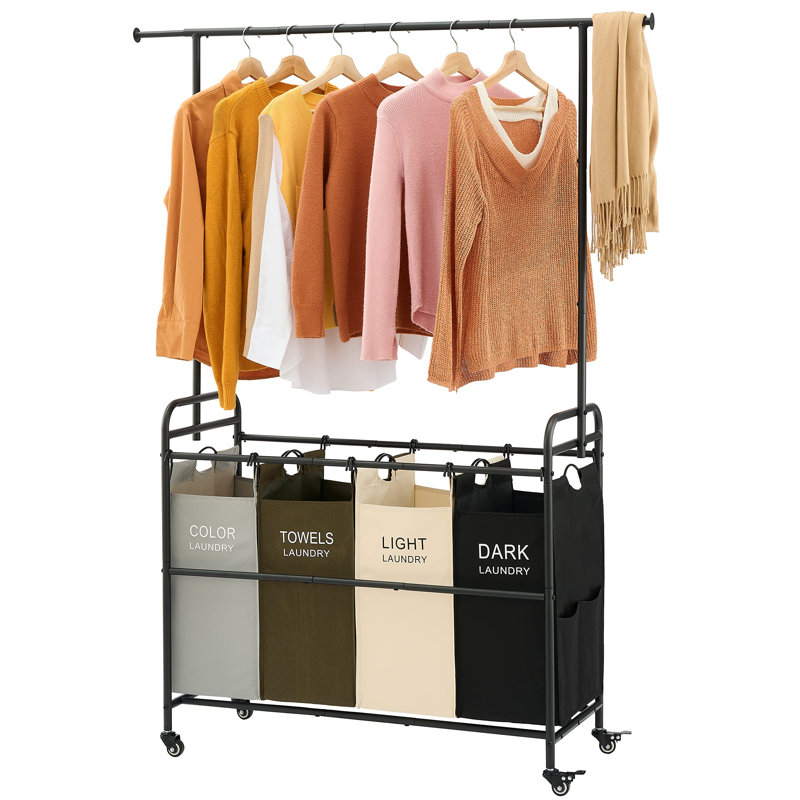 Black Metal Laundry Cart with Hanging Rack and Wheels