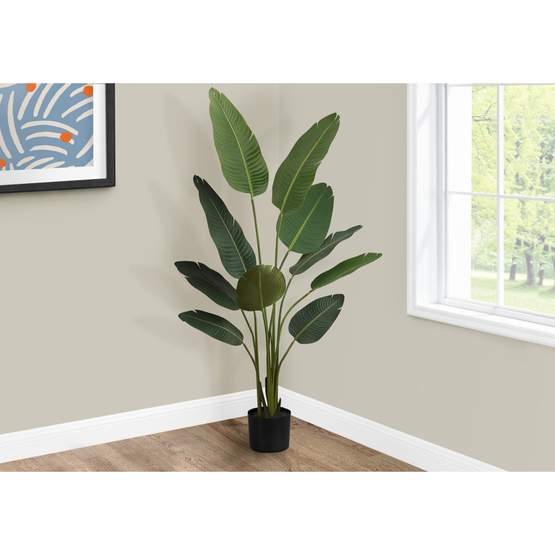 60-Inch Green Faux Bird of Paradise Floor Plant in Black Pot