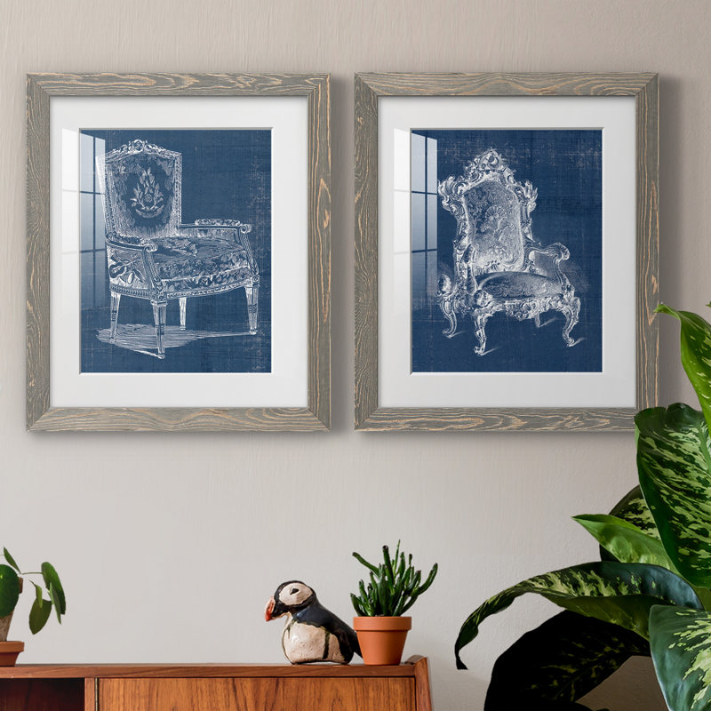 Antique Chair Blueprint I - ensemble de 2 impressions encadrées, H 24 po x l 36 po x P 1,5 po, Papier encadré blanc, Blanc