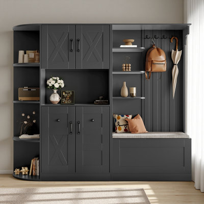 Multifunctional Left-Right Combination Hall Cabinet (Can Be Used Separately) With Storage And 4 Hooks, Storage Cabinet/ Hall Tree 2 In 1 For Living Room