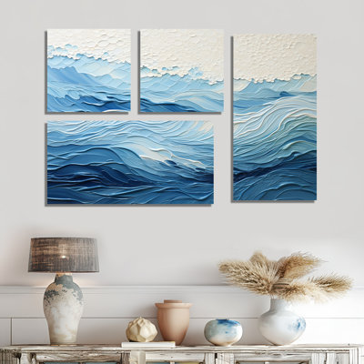 Vagues modernes bleues et blanches de la côte I - décoration murale nautique bleue 4 pièces