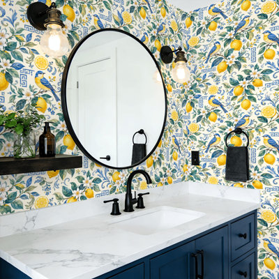 Removable Peel and Stick Wallpaper Roll Blue Tits Birds Perched Lemon Branches Blossoms Vibrant Botanical 17.7"W x 118"H