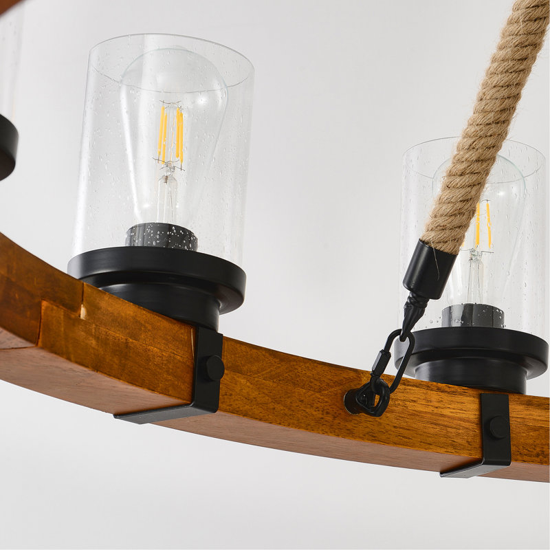 Lustre 12 roues rustique en forme de roue de chariot, luminaire suspendu en bois 39 po avec abat-jour en verre bullé, lustres industriels pour la salle à manger cuisine lsland (cadre en bois massif d'une seule pièce) -Aucune ampoule incluse