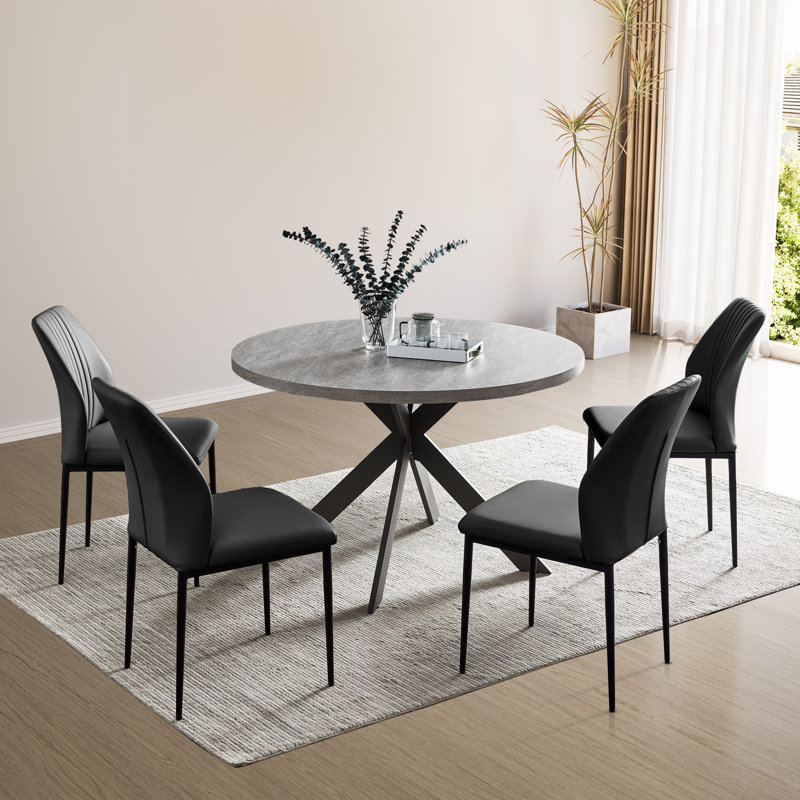 Cappelletti Round Steel Pedestal Dining Table Set, Black, 5 Pieces: Table, 4 Chairs