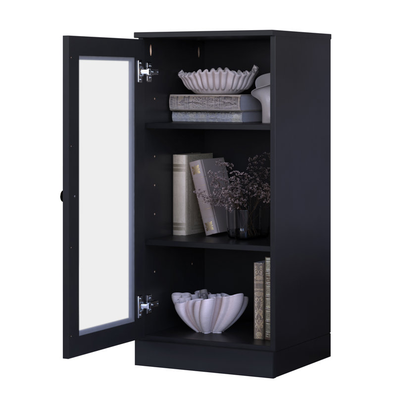 100% Solid Wood 3-Shelf Bookcase with Frosted Glass Door and Adjustable Shelves, Black