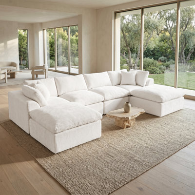 Canapé modulaire en forme de U de 140 po sans os avec 2 repose-pieds, canapé en chenille réversible 6 pièces pour le salon, sans assemblage requis, beige
