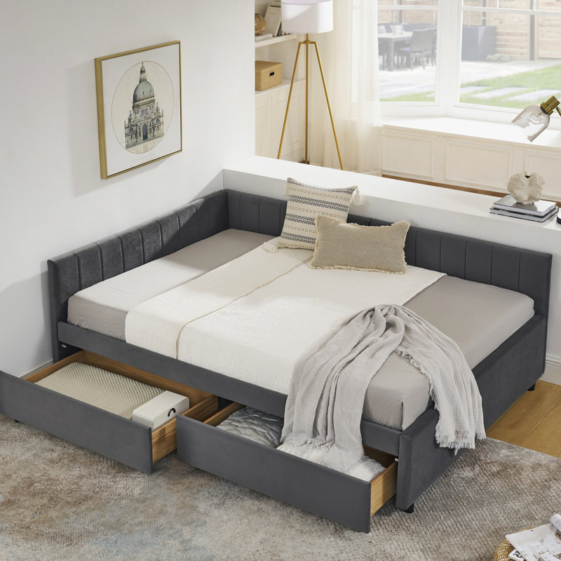 Full Size Upholstered Daybed In Grey Velvet, Two Drawers For Storage Function, Comfortable And , Vertical Stripe Pattern, Easy Assembly Process Purposes, Hassle -