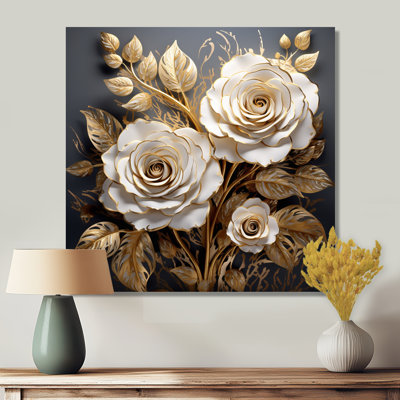 «White Rose Golden Leaves On Deep Blue III - Roses», art mural