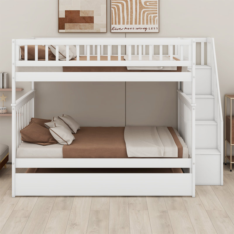 Bunk Bed With Trundle And Staircase, White