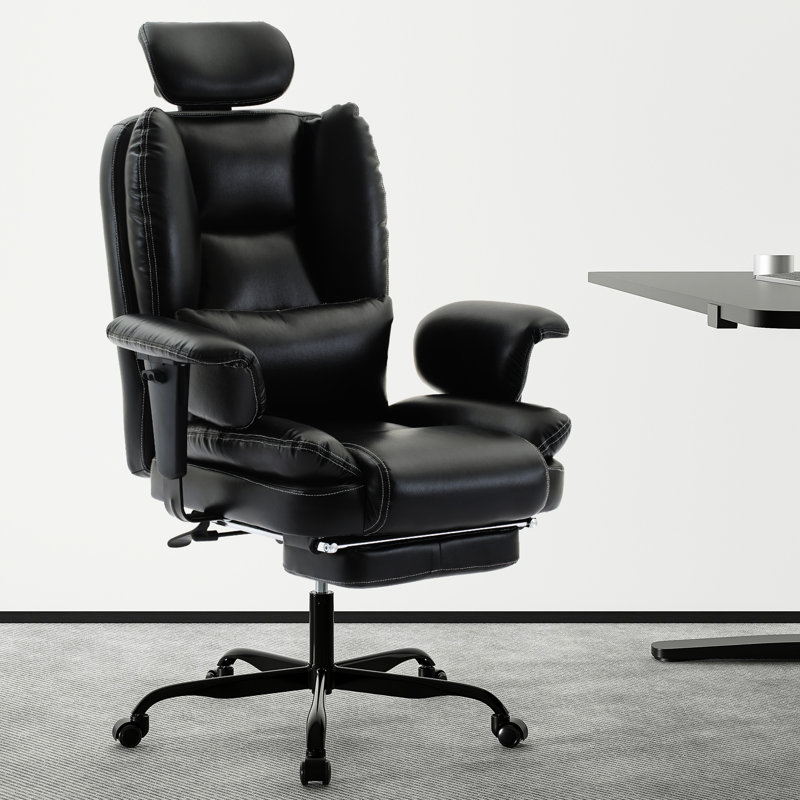 Chaise multifonctionnelle avec repose-pieds réglable et extensible, bureau ergonomique en similicuir, piètement métallique relevable.