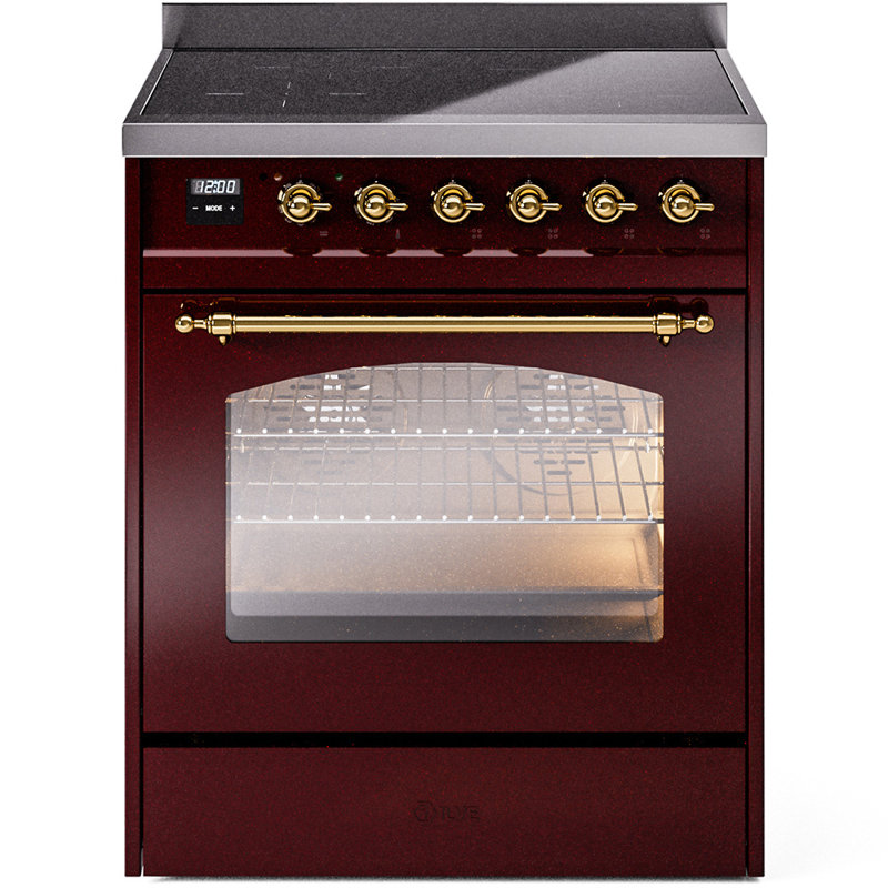 Cuisinière à induction 30 pouces avec 4 plaques à induction ILVE Nostalgie II Series, Bourgogne / laiton