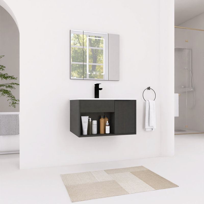 Meuble-lavabo mural 24 po avec lavabo en céramique et tablette ouverte, chêne foncé moderne, 24"