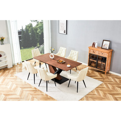 Table rectangulaire extensible pour la cuisine et la salle à manger, table, pieds croisés en métal, table de salle à manger contemporaine en noyer foncé, extensible et placage en bois massif