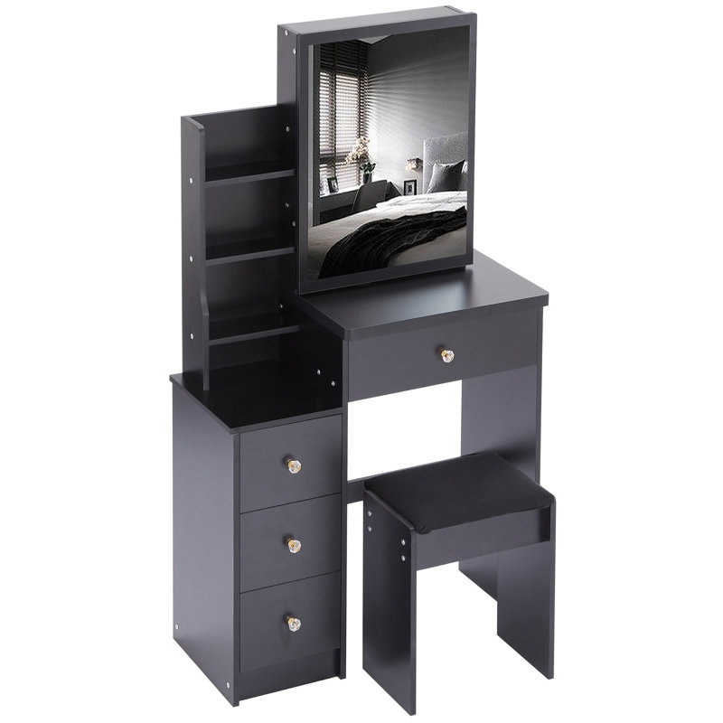 Petit meuble-lavabo 29,2 po avec tabouret de chevet gauche + tabouret rembourré, très grand miroir coulissant à droite, rangement multi-couches à grande capacité, commode pratique
