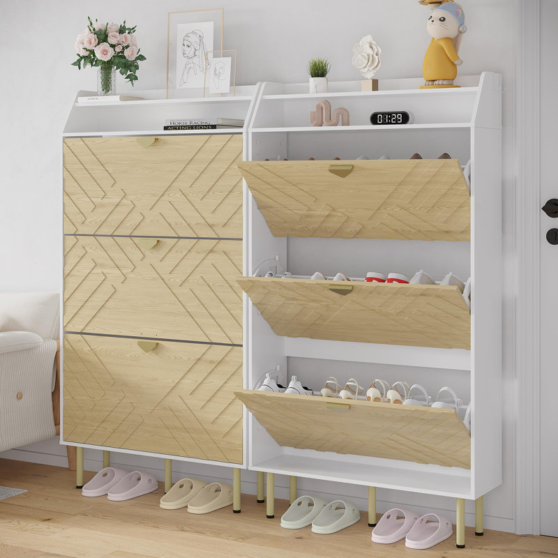 Armoire à chaussures mince avec 3 tiroirs rabattables, organisateur de rangement de chaussures caché pour entrée avec tablettes réglables