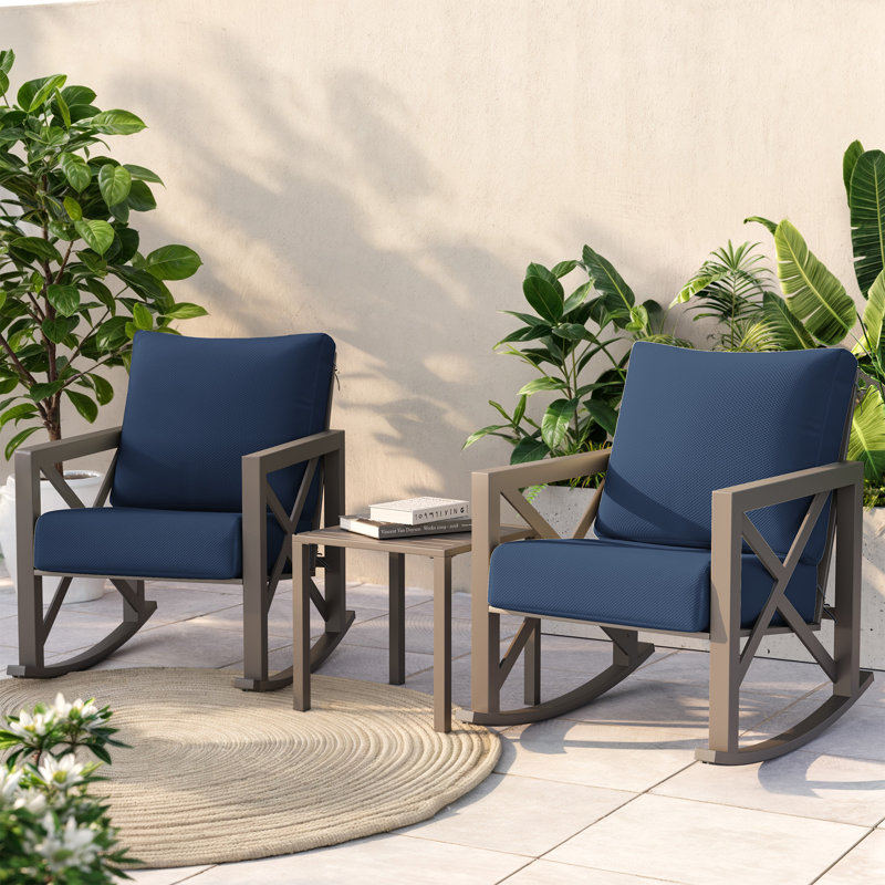 Ensemble de chaises berçantes d'extérieur pour 2 personnes avec table et coussins, Structure grise / coussin bleu marine
