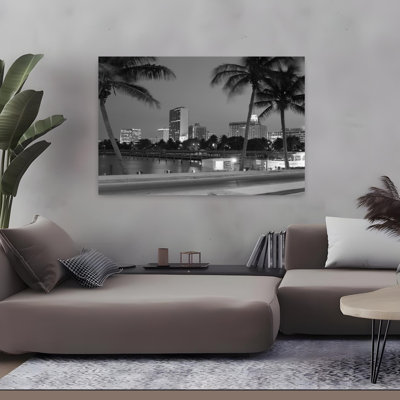 «1970S Night View Skyline with Palm Trees Miami Florida Classic Retro Vintage Palm Tree Urban Architecture, art mural