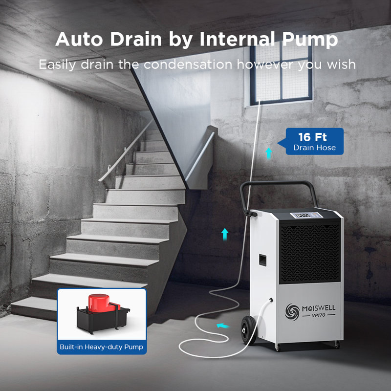170 Pints Commercial Dehumidifier With Pump Automatic Continuous Draining for Basements & Industrial Sites up to 7,500 Sq. Ft.