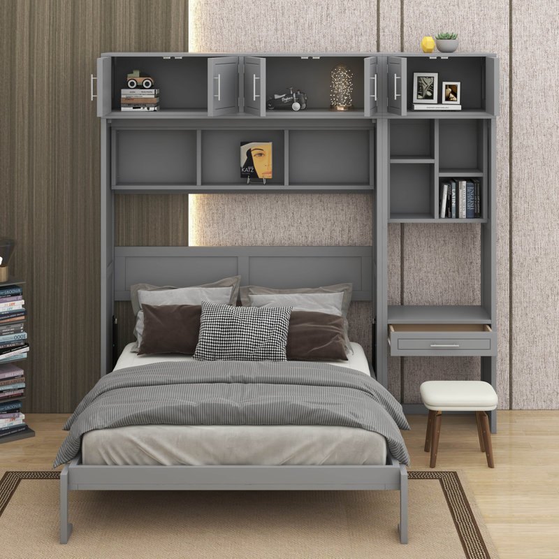 Grand lit escamotable mural avec bureau, armoire supérieure et tablettes de rangement, lit pliant peu encombrant, gris