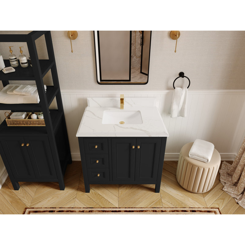 Nashville X P 22 po Meuble-lavabo central D, Noir / or brossé, Quartz Calacatta Laza