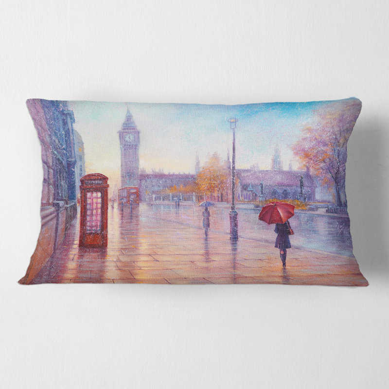 Rectangle, Big Ben et femme avec un parasol rouge à Londres - Coussin décoratif imprimé campagne française