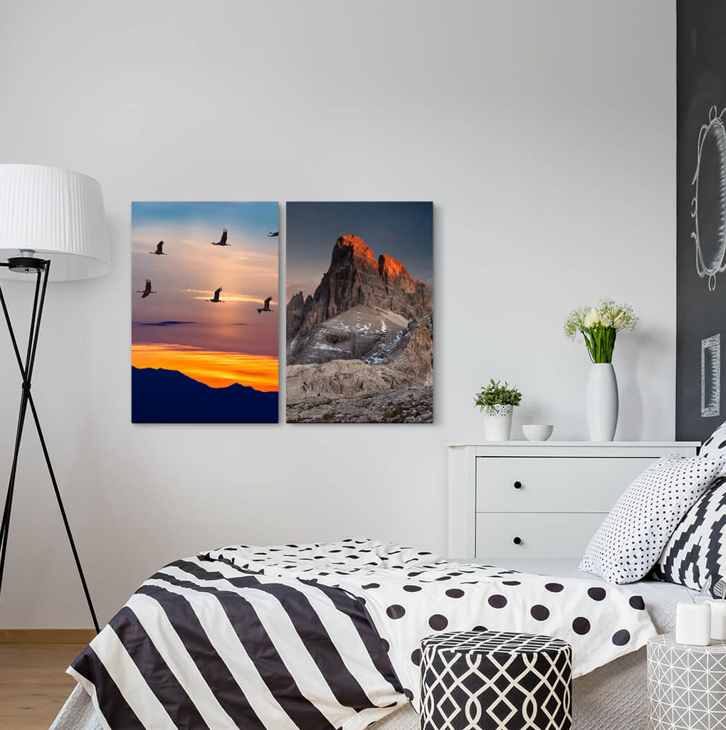 2-tlg. Leinwandbilder-Set - Fotografie „Dolomites Mountains Cranes Sunset Birds Clouds Evening Red”