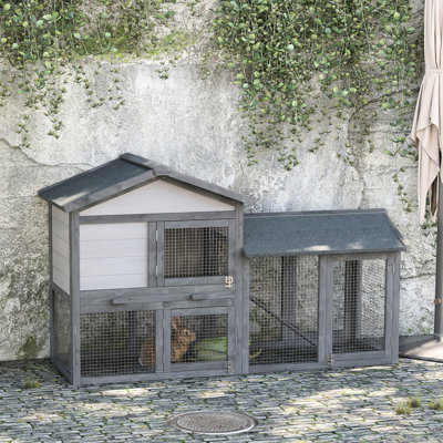 Cage en bois pour petits animaux, construction de 58 po, toit en asphalte, plateau amovible, portes verrouillables, rampe et gris foncé pour animaux de compagnie, construction, rampe,