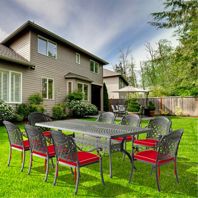 Ensemble de 9 meubles de patio en aluminium coulé avec cadre noir et coussins de siège rouges