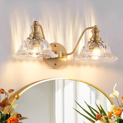 Applique murale 20 po 2 lumières pour salle de bain rétro - Élégant luminaire de meuble-lavabo en métal doré et verre avec abat-jour pour salle de bain, couloir ou chambre à coucher (ampoule non incluse)