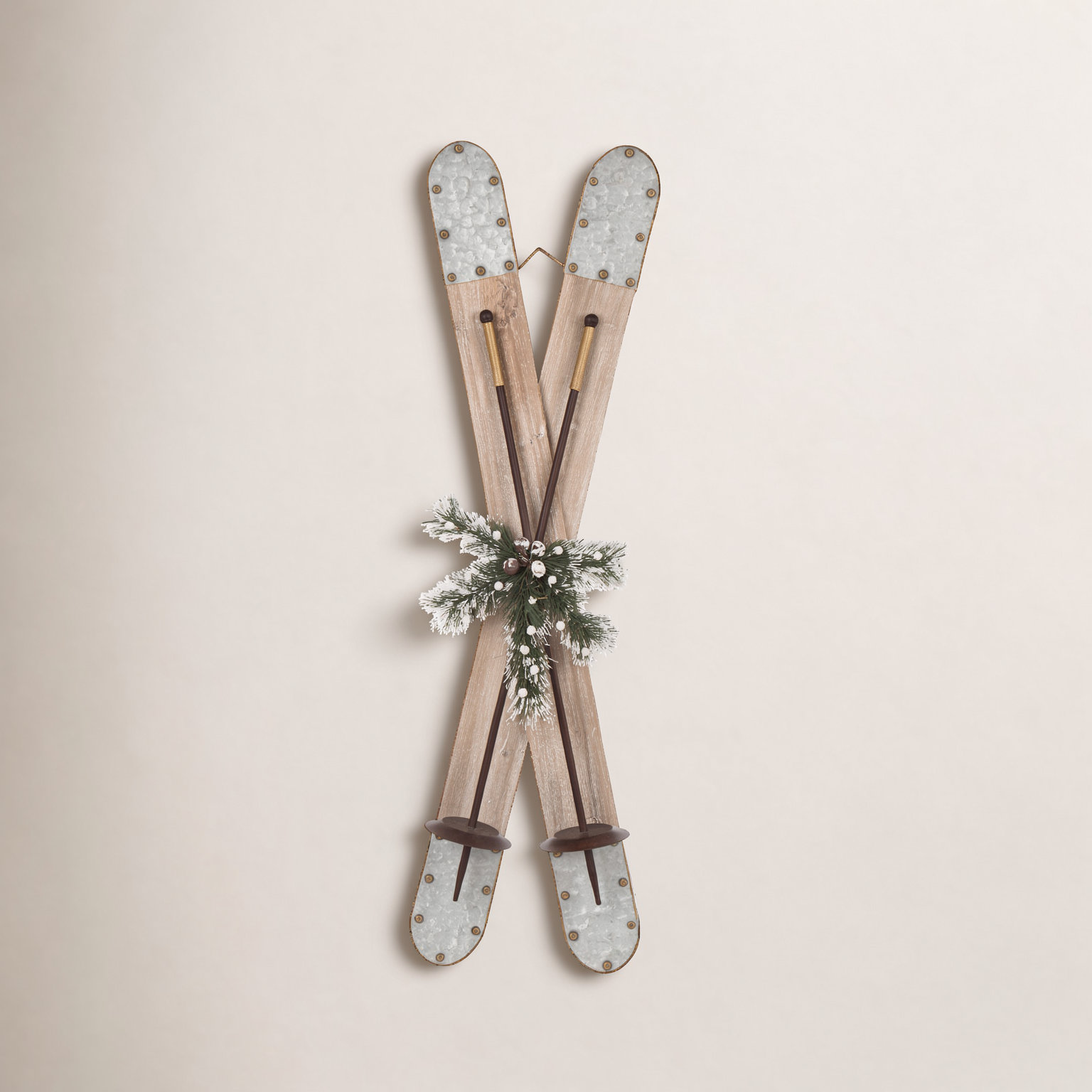 Wood and Galvanized Ski Holiday Accent, Medium Brown/Gray/Green