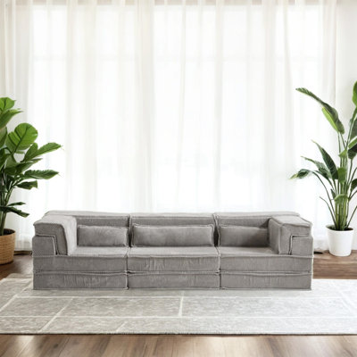 Compression Mahjong Sofa,Convertible Floor Sofa Bed,DIY Boneless Modular Sectional Sofa,No Assembly Required,Circle fleece fabric,Oversized 3 Seater with 3 Pillows,Light-Grey