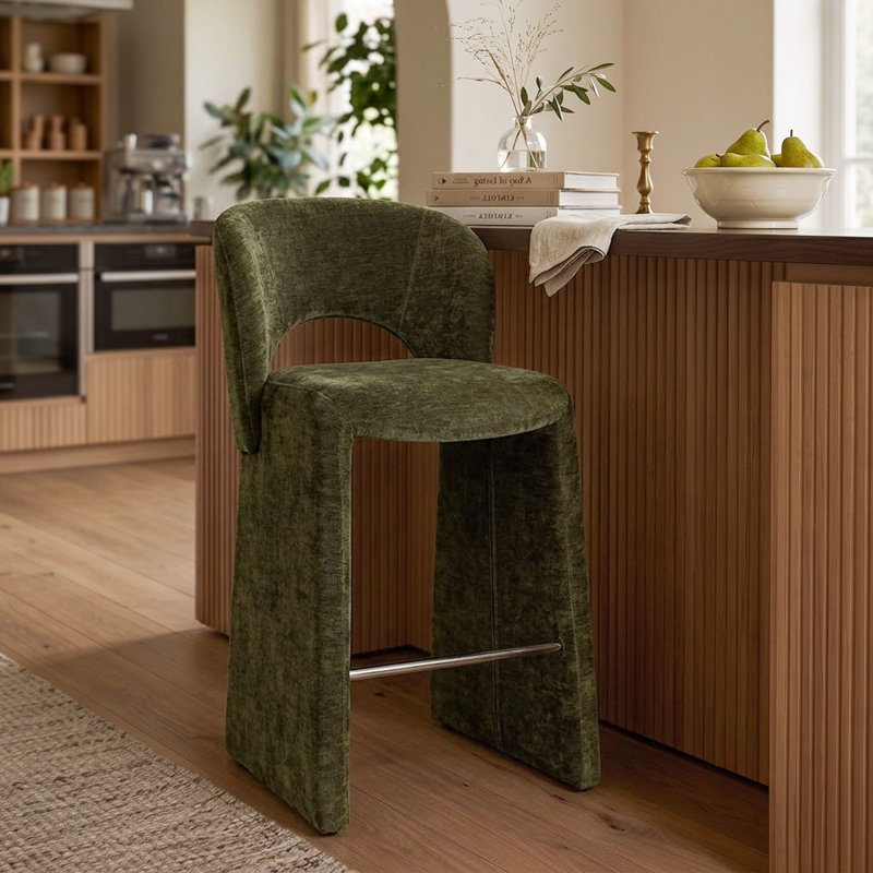 Tabouret de comptoir moderne 26,5 po entièrement revêtu de chenille, Vert