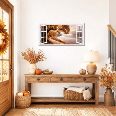  Automne, art mural sur toile style fenêtre ouverte, impressions de photos de paysage d'automne rustique, feuille d'érable de campagne rétro, décor de l'Action de grâce, peinture pour grand salon, 12 x 24 po