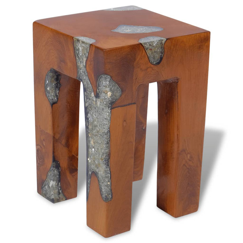 Bohannon vidaXL Solid Teak Wood Stool, Transparent Resin with Crushed Glass, 11.8" x 11.8" x 15.7" Brown