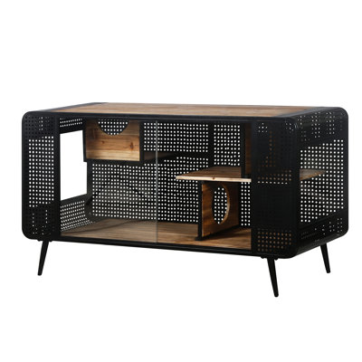 Maison de chat spacieuse en verre trempé - Matériau en bois et en fer Design noir et brun moderne Facile à assembler et à garder en sapin ordonné avec surface à gratter