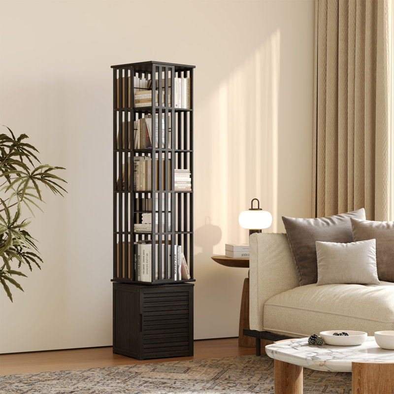 Rotating Bookcase With Storage Cabinet, Bamboo Bookshelf 360° Spinning 7 Tier Tall Narrow Display Tower Shelf, Black, Black