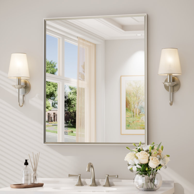 Miroir de salle de bain avec cadre en aluminium et verre trempé, 36 po x 30 po, Nickel brossé, Rectangulaire