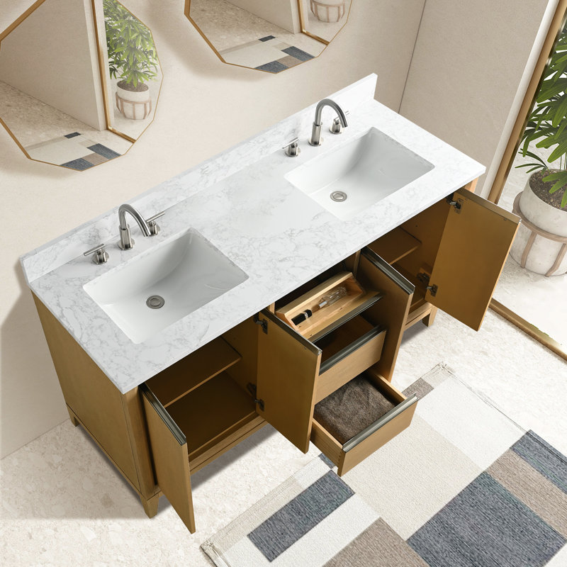 Meuble-lavabo double 60 po avec comptoir, Chêne naturel, Lit double, 60"