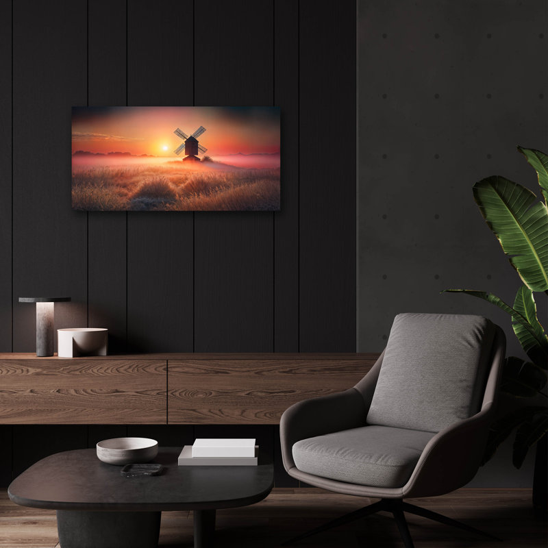 «Serene Sunrise At Windmill» par Rey Klimt, art mural acrylique, H 12 po x l 24 po