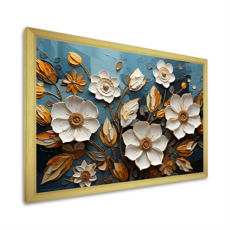 «White and Gold Charming Spring Flower Elegance IV», art mural fleurs, Cadre d'angle fermé doré, H 12 po x l 20 po x P 1 po