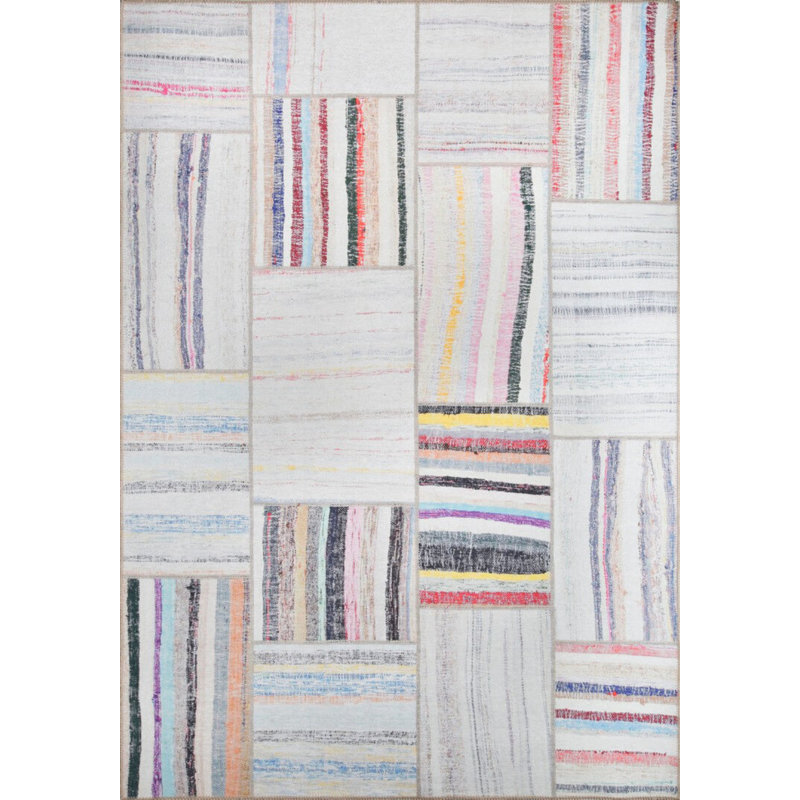Beige Colourful Patchwork Woven Base Decorative Carpet, Rectangle 3'10" x 5'3"