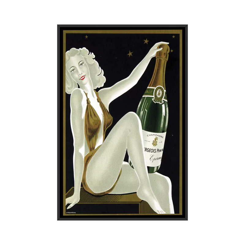 « french champagne », impression sur toile, H 26 po x l 18 po x P 1,5 po, Toile avec cadre noir, Pas de tapis