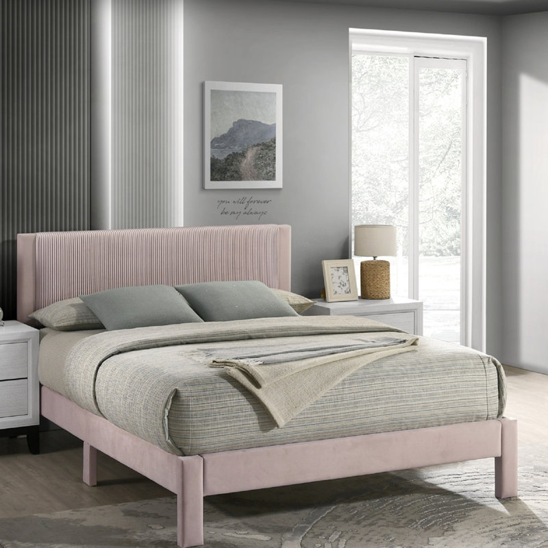 1pc Contemporary Plush Upholstered Headboard Ribbed Texture Low-profile Frame Unobtrusive Legs Platform Bed Pink Bedroom Furniture