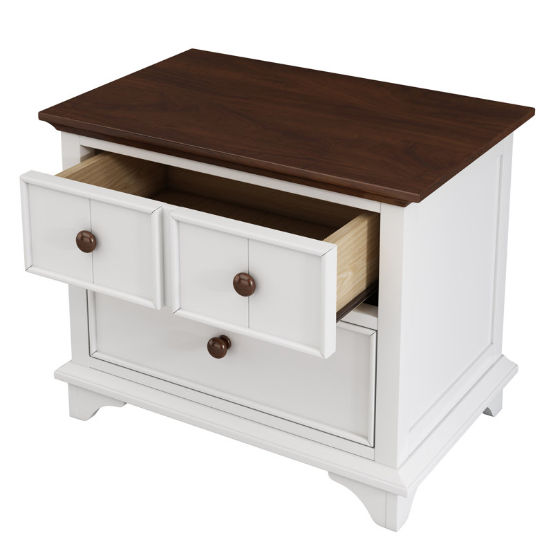Table de bout en bois avec table de bout à deux tiroirs Captain pour chambre à coucher, salon, blanc et noyer