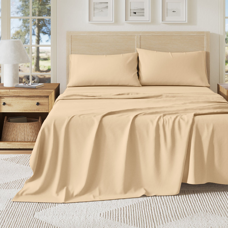 Ensemble de draps en jersey de coton chiné ultra doux, Double avec 2 taies d'oreiller, Brun clair chiné